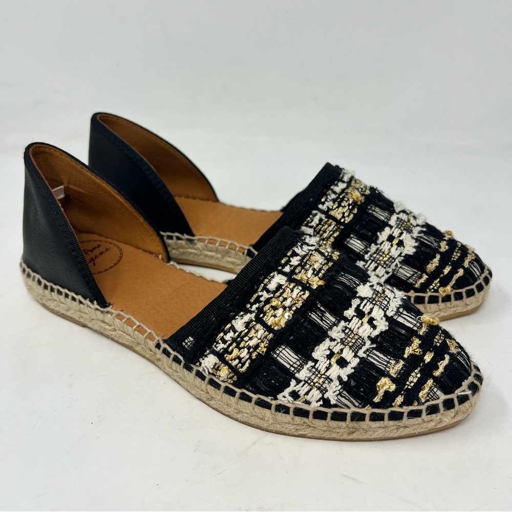 Toni Pons Olga Tweed Espadrille Flats Black Gold Leather Spain EU 37 US 6.5